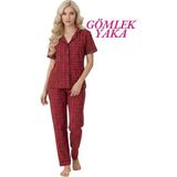Guava Kadın Kırmızı Ekose Desenli Slim Fit Gömlek Yaka Önden Düğmeli Dar Kalıp Kısa Kol Pijama Takımı - XL