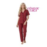 GUAVA+ Kadın Kırmızı Ekose Desenli Slim Fit Gömlek Yaka Önden Düğmeli Dar Kalıp Kısa Kol Pijama Takımı