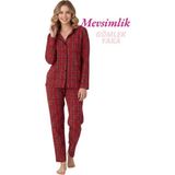 Guava Kadın Kırmızı Ekose Desenli Slim Fit Gömlek Yaka Önden Düğmeli Dar Kalıp Mevsimlik Uzun Kol Pijama Takımı - XL