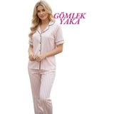 Guava Kadın Pembe-Beyaz Çizgili Slim Fit Gömlek Yaka Önden Düğmeli Dar Kalıp Kısa Kol Pijama Takımı