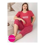 GUAVA+ Nar Çiçeği Bisiklet Yaka Düğmesiz Battal Kesim Viskon Kısa Kol Kapri Cepli Büyük Beden Pijama Takımı