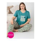 GUAVA+ Yeşil Bisiklet Yaka Düğmesiz Battal Kesim Viskon Yazlık Kısa Kol Cepli Büyük Beden Pijama Takımı