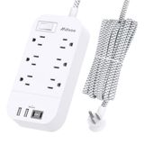 Güç Şeridi - 10 FT Uzun Düz Fiş Uzatma Kablosu, 6 Çıkışlı 2 USB A 2 USB C Bağlantı Noktası Aşırı Yük Korumalı, Duvara Montaj, Ev, Ofis ve Yurt için Masaüstü Şarj İstasyonu Essential