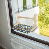 Güçlü Vantuzlu Kedi Cam Yatağı, Cama Asılan Ahşap Kedi Yatağı, 6 Güçlü Vantuzlu, Minderli, Pencere Önü Dinlenme Alanı, Standart (Kedili Desen)