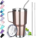 GUDEMAO 30oz Saplı Bardak, Paslanmaz Çelik Yalıtımlı Kapaklı ve Pipetli Bardak, Çift Duvarlı Vakum Yalıtımlı Kahve Kupası Bardak, Soğuk ve Sıcak için Yalıtımlı Kahve Termal Kupası (Gül Altın)