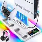 Gudli Dikey Stand RGB Işıklı Dual Controller Şarj İstasyonu ve Soğutucu PS5 İçin Beyaz