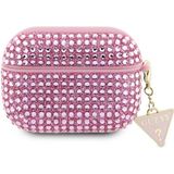 Guess Airpod Pro 2 Uyumlu Kılıf Guess Lisanslı Parıltılı Taş Kaplamalı Üçgen Logo Süs Zincirli Pembe
