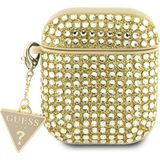 Guess Airpod Uyumlu Kılıf Guess Orjinal Lisanslı Parıltılı Taş Kaplamalı Üçgen Logo Süs Zincirli Gold