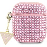 Guess Airpod Uyumlu Kılıf Guess Orjinal Lisanslı Parıltılı Taş Kaplamalı Üçgen Logo Süs Zincirli Pembe
