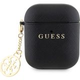 Guess Airpods Uyumlu Kılıf Dokulu 4g Yuvarlak Süs Zincirli Saffiano Kılıf Siyah