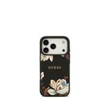 Guess Floral Serisi iPhone 17 Pro Taneli Çiçek Desenli Metal Logolu Magsafe Uyumlu Siyah Telefon Kılıfı