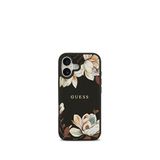 Guess Floral Serisi iPhone 17 Taneli Çiçek Desenli Metal Logolu Magsafe Uyumlu Siyah Telefon Kılıfı