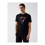 Guess Folco Erkek Bisiklet Yaka Üçgen Logo Baskılı Pamuk T-shirt - Siyah