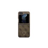 Guess Galaxy Z Flip 5Uyumlu Kılıf Lisanslı Pu Deri Taşlı Üçgen Logo 4G Desenli Strass Kahverengi