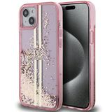 Guess GUHCP15SLFCSEGP iPhone 15/14 / 13 6.1" için Kılıf Pembe Sert Kılıf Sıvı Parıltılı Altın Çizgili