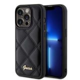 Guess İphone 14 Pro Max Uyumlu Kılıf Lisanslı Pu Deri Metal Yazı Logolu Kapitone Kapak Siyah
