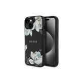 Guess İphone 15 Kılıf Lisanslı M-Safe Özellikli Taneli Çiçek Tasarımlı Metal Yazı Logolu Kapak Siyah