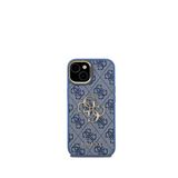 Guess iPhone 15 Mavi PU Deri Kamera Standlı Metal Büyük 4G Yazı Logolu Telefon Kılıfı