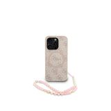 Guess iPhone 15 Pro Magsafe Uyumlu Deri Bilek Askı İpli Yazı Logolu Pembe Telefon Kılıfı