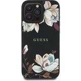 Guess İphone 15 Pro Max Kılıf Lisanslı Magsafe Özellikli Çiçek Tasarımlı Metal Logolu Kapak Siyah