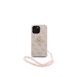 Guess iPhone 15 Pro Max Magsafe Uyumlu Deri Bilek Askı İpli Yazı Logolu Pembe Telefon Kılıfı