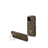Guess Iphone 15 Pro Max Pu Deri Taşlı Üçgen Logo 4g Desenli Kamera Standlı Telefon Kılıfı - Kahverengi