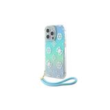 Guess İphone 15 Pro Max Uyumlu Kılıf Lisans Yazı Logolu Askı İpli Holografik Glitter Peony Turkuaz