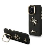 Guess İphone 15 Pro Max Uyumlu Kılıf Lisanslı Grained Yazı Logolu Kamera Standlı Kapak Siyah