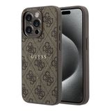 Guess İphone 15 Pro Uyumlu Kılıf Lisanslı M-Safe Kabartmalı 4G Desenli Yazı Logolu Kapak Kahverengi