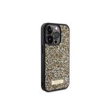 Guess İphone 15 Pro Uyumlu Kılıf Lisanslı Taşlı Arka Yüzey Metal Yazı Logolu Kapak Sarı