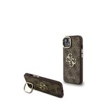 Guess Iphone 15 Pu Deri 4g Desenli Metal Büyük 4g Ve Yazı Logolu Kamera Standlı Telefon Kılıfı - Kahverengi