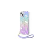 Guess İphone 15 Uyumlu Kılıf Lisanslı Desenli Yazı Logolu Askı İpli Holografik Glitter Peony Mor