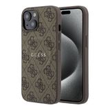 Guess İphone 15 Uyumlu Kılıf Lisanslı M-Safe Kabartmalı 4G Desenli Yazı Logolu Kapak Kahverengi