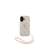 Guess iPhone 16 Plus Pembe PU Deri Bilek Askı İpli Metal Büyük 4G Yazı Logolu Telefon Kılıfı