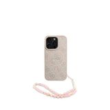 Guess iPhone 16 Pro Magsafe Uyumlu Deri Bilek Askı İpli Yazı Logolu Pembe Telefon Kılıfı
