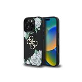 Guess İphone 16 Pro Max Kılıf Lisanslı Beyaz Gül Baskılı Büyük 4G Metal Logolu Kapak Siyah Uyumlu
