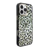 Guess iPhone 16 Pro Max Kılıf Lisanslı M-safeli Üçgen Logolu Simli Leopar Desenli Kapak Siyah