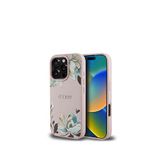 Guess Iphone 16 Pro Max Magsafe Uyumlu Çiçek Tasarımlı Metal Yazı Logolu Telefon Kılıfı - Pembe