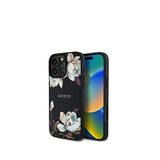 Guess Iphone 16 Pro Max Magsafe Uyumlu Çiçek Tasarımlı Metal Yazı Logolu Telefon Kılıfı - Siyah