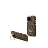 Guess Iphone 16 Pro Max Pu Deri Taşlı Üçgen Logo 4g Desenli Kamera Standlı Telefon Kılıfı - Kahverengi