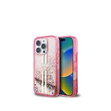 Guess iPhone 16 Pro Max Sıvılı Simli Altın Çizgili Pembe Telefon Kılıfı