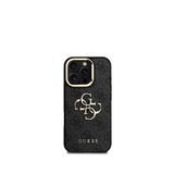 Guess iPhone 16 Pro Max Siyah Deri 4G Metal Logo Standlı Telefon Kılıfı
