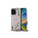 Guess İphone 16 Pro Max Uyumlu Kılıf Magsafe Özellikli Çiçek Tasarımlı Yazı Logolu Kapak Pembe