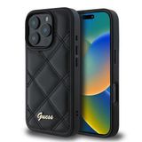Guess İphone 16 Pro Max Uyumlu Kılıf Orjinal Lisanslı Pu Deri Metal Yazı Logolu Kapitone Kapak Siyah