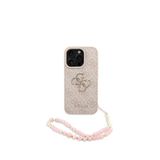 Guess iPhone 16 Pro Pembe PU Deri Bilek Askı İpli Metal Büyük 4G Yazı Logolu Telefon Kılıfı