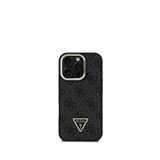Guess iPhone 16 Pro Siyah Deri Taşlı Üçgen Logo 4G Desenli Kamera Standlı Telefon Kılıfı