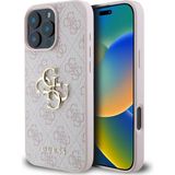 Guess iPhone 16 Pro Uyumlu Kılıf Guess Orjinal Lisanslı Pu Deri 4g Desen Metal Büyük 4g ve Yazı Logo Pembe