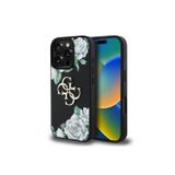 Guess İphone 16 Pro Uyumlu Kılıf Lisanslı Beyaz Gül Baskılı Büyük 4G Metal Logolu Kapak Siyah