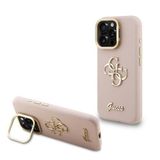 Guess İphone 16 Pro Uyumlu Kılıf Orjinal Lisanslı Grained Yazı Logolu Kamera Standlı Kapak Pembe