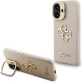 Guess İphone 16 Uyumlu Kılıf Orjinal Lisanslı Grained Yazı Logolu Kamera Standlı Kapak Bej